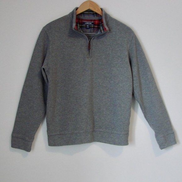 Lands' End Mens Gray Quarter Zip Pullover Sweater Plaid Flannel Collar Medium - Picture 1 of 12